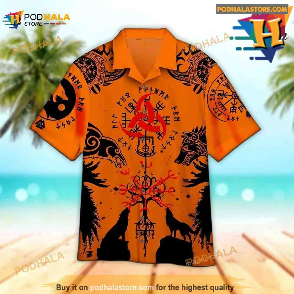 Viking Wolf Tropical Shirt, Norse Symbols And Mystical Design Viking Wolf Tropical Shirt, Norse Symbols And Mystical Design