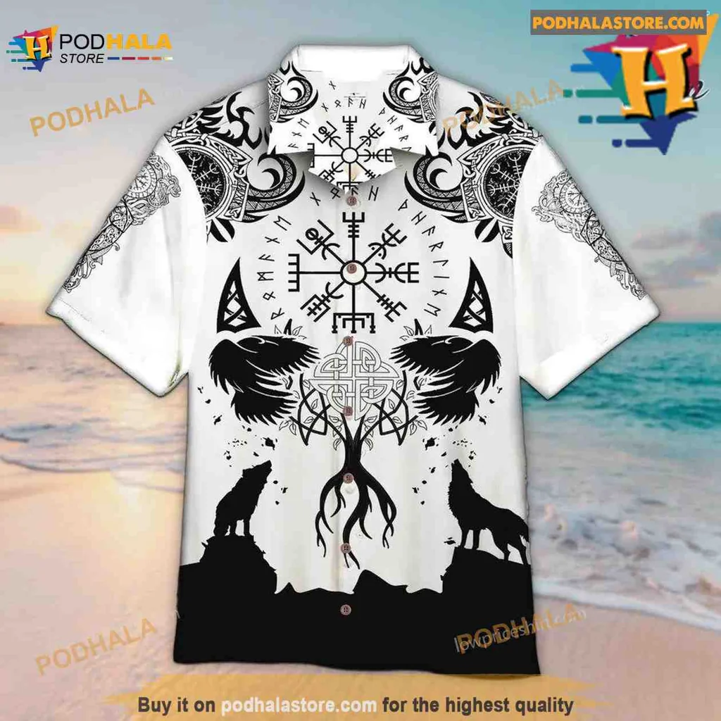 Viking Wolf Aloha Shirt With Nordic Symbols And Geometric Patterns