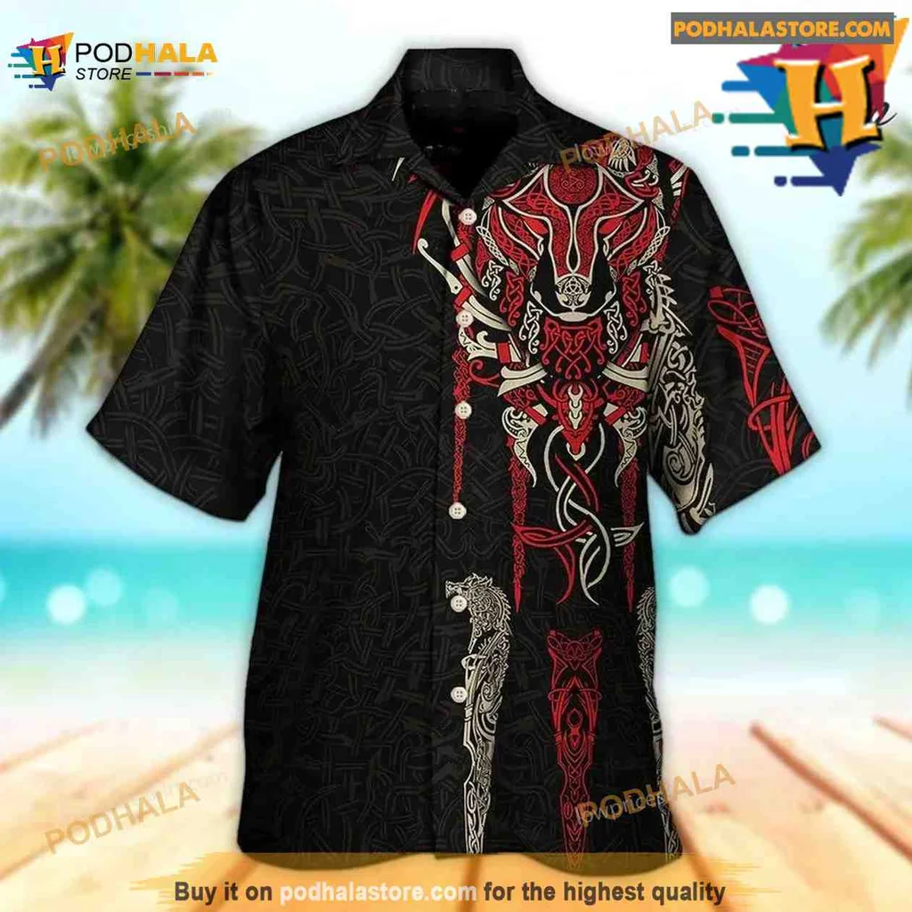 Viking Wolf Head Hawaiian Shirt With Norse Celtic Design