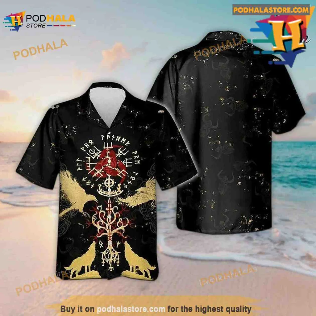 Viking Wolf Raven Aloha Shirt With Norse Symbols And Tropical Design
