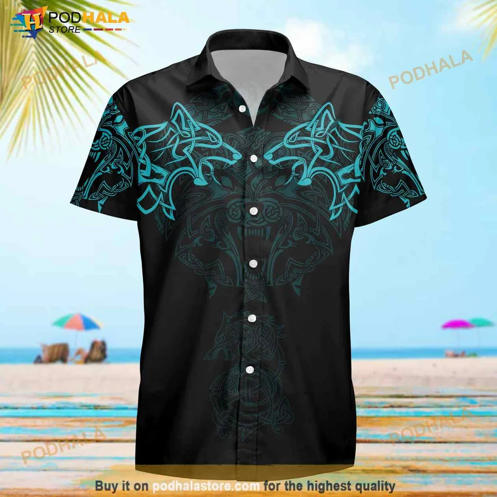 Viking Wolf Turquoise Hawaiian Shirt With Norse Patterns