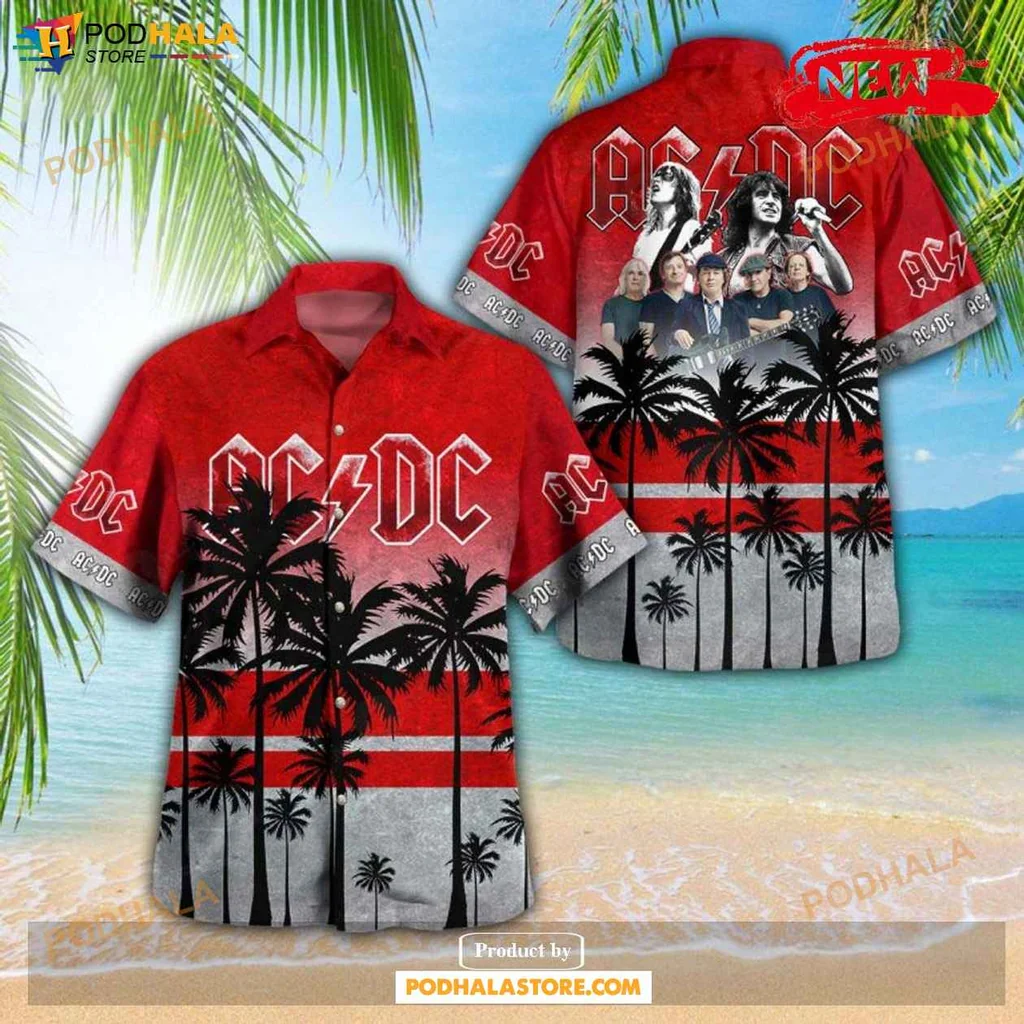 Vintage Acdc Aloha Shirt, Tropical Rock Band Design With Palm Trees And Summer Vibes