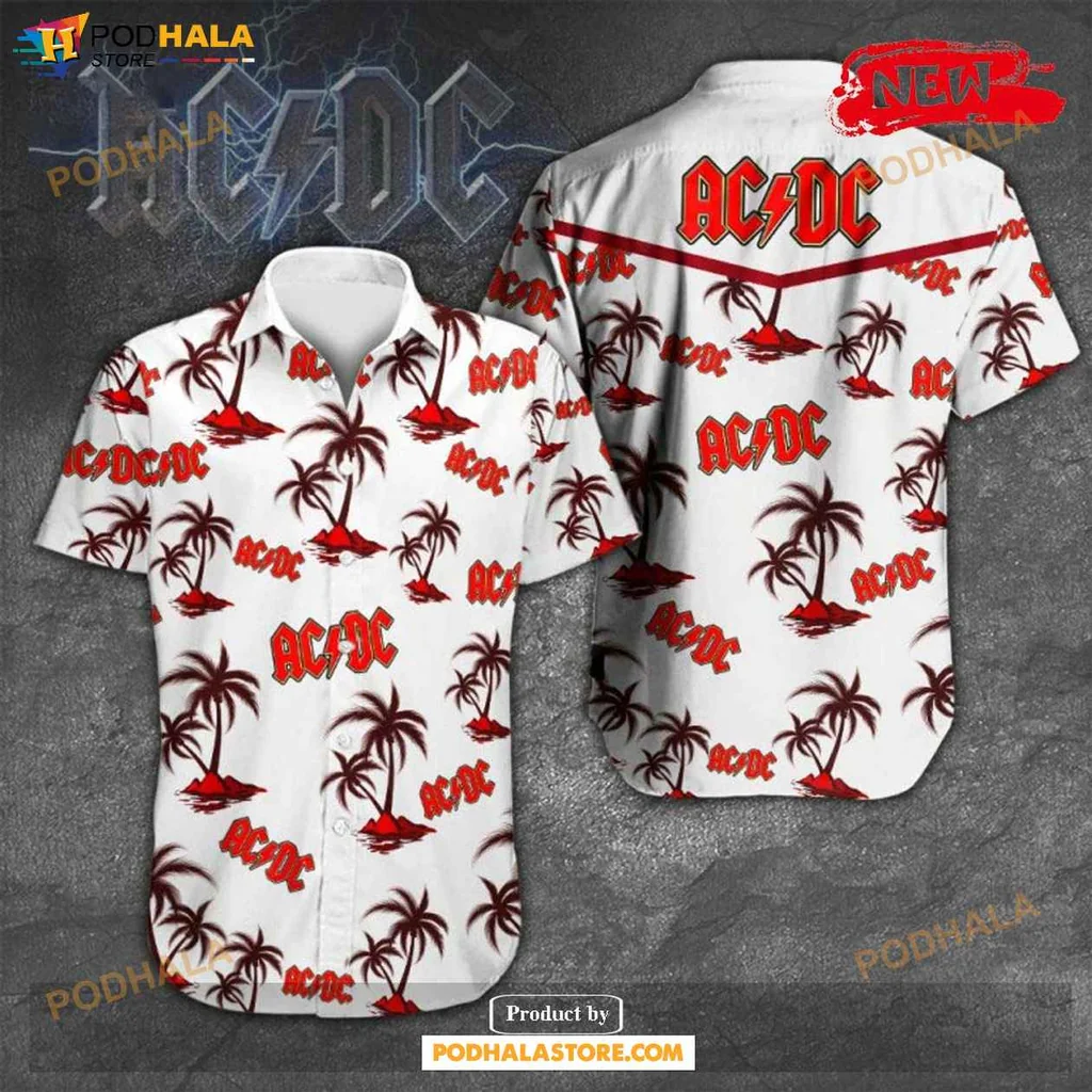 Vintage Acdc Aloha Shirt, Vibrant Palm Tree Design Rock Music Shirt