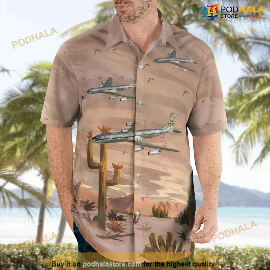 Vintage Airplane Aloha Shirt Featuring Boeing 707 349c Over Desert Scene