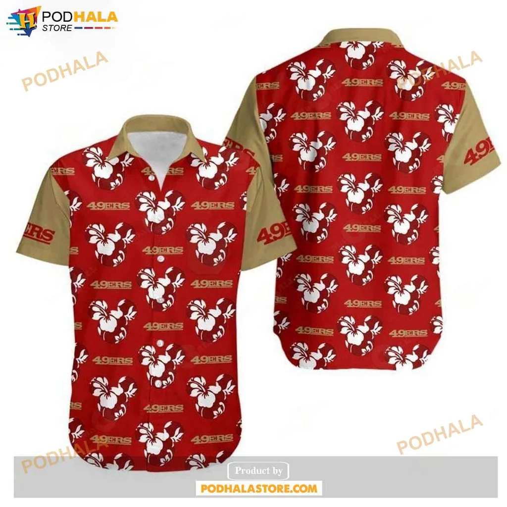 Vintage Aloha 49ers Hawaiian Shirt, Red With Hibiscus Flowers And Bold 49ers Text
