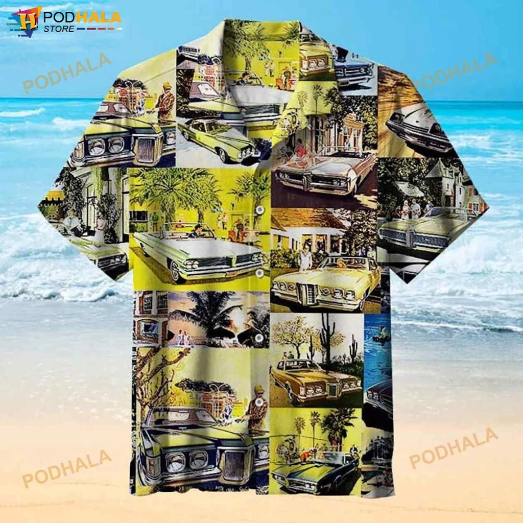 Vintage American Car Hawaiian Shirt With Tropical Beach Design