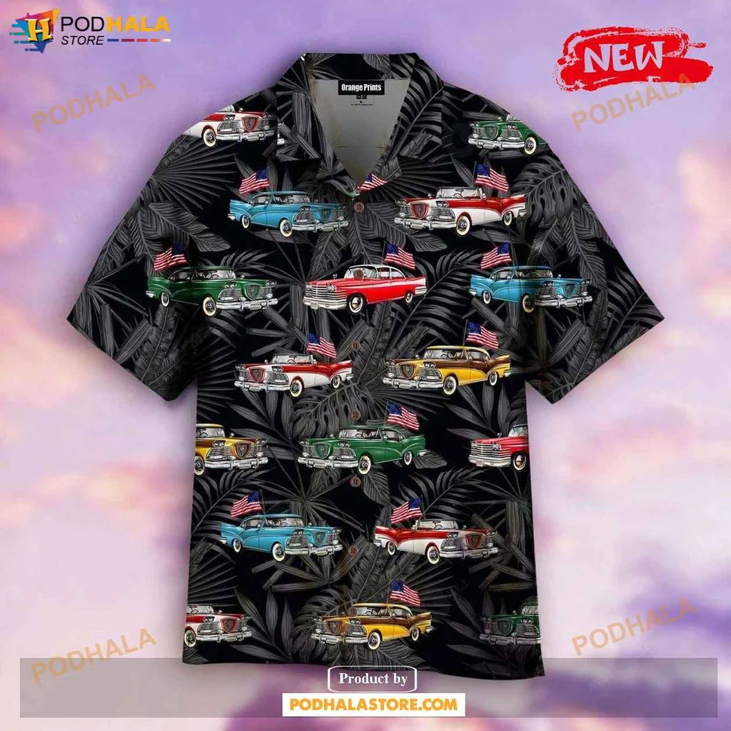 Vintage American Flag Hawaiian Shirt, Classic Cars And Tropical Leaves Design