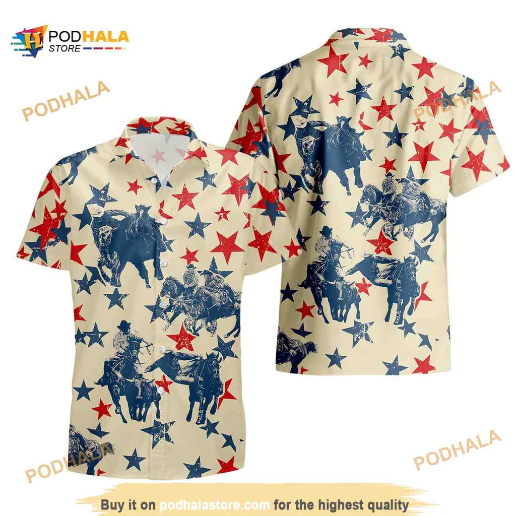 Vintage American Steer Wrestling Hawaiian Shirt With Cowboy Design