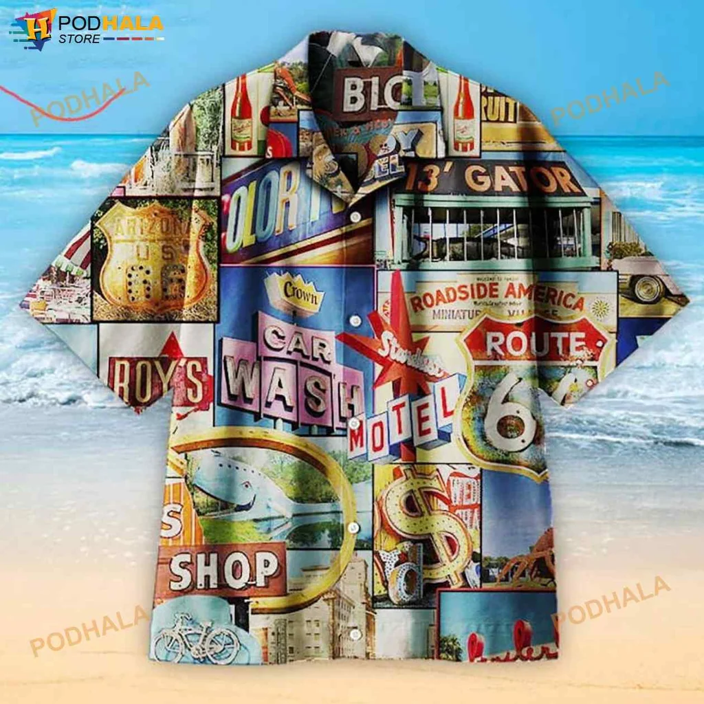 Vintage Americana Hawaiian Shirt With Retro Signs And Colorful Motifs