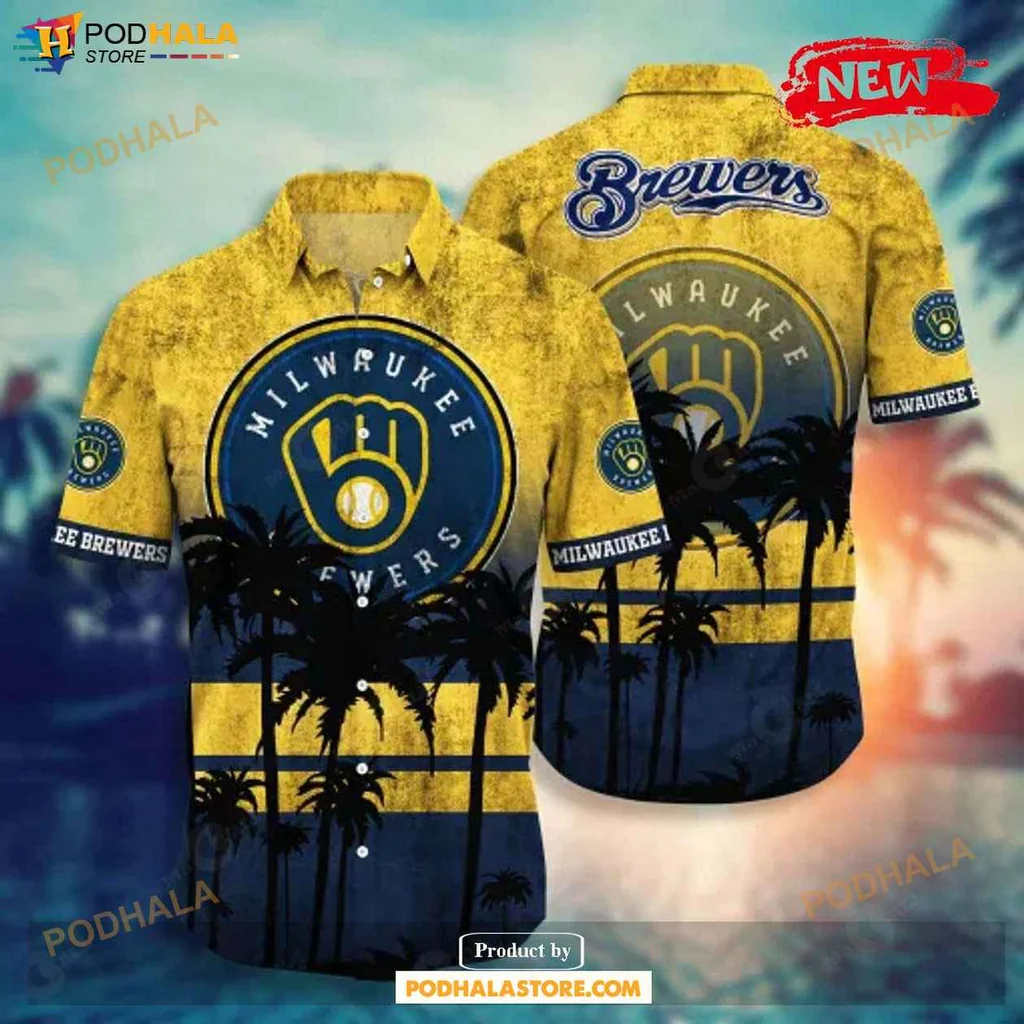 Vintage Baseball Glove Aloha Shirt, Milwaukee Brewers Tropical Sunset Design Shirt