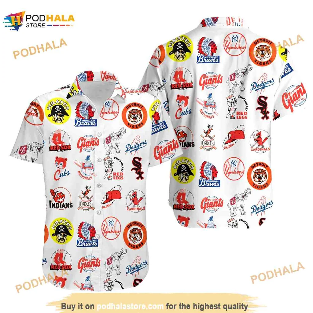 Vintage Baseball Team Aloha Shirt Featuring Iconic Logos And Bright Colors