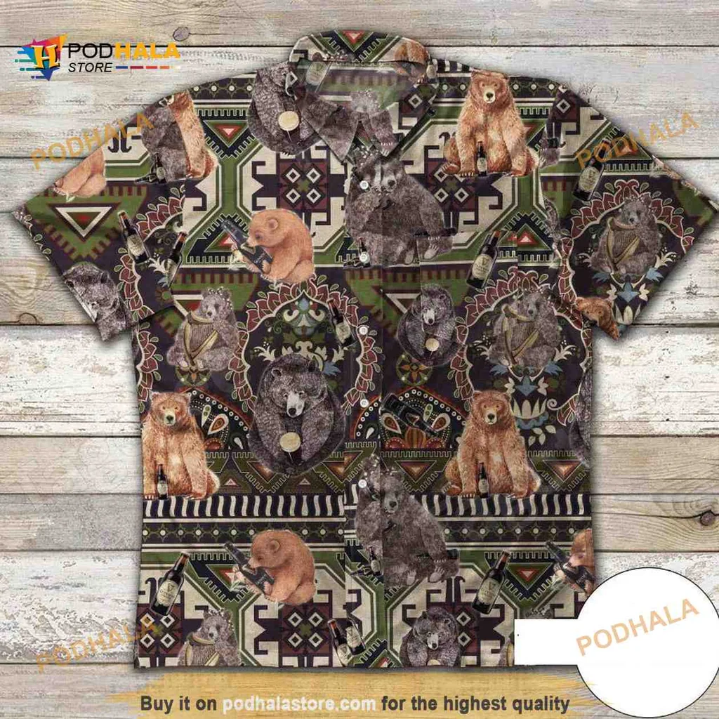 Vintage Bear Pattern Hawaiian Shirt Featuring Playful Illustrations