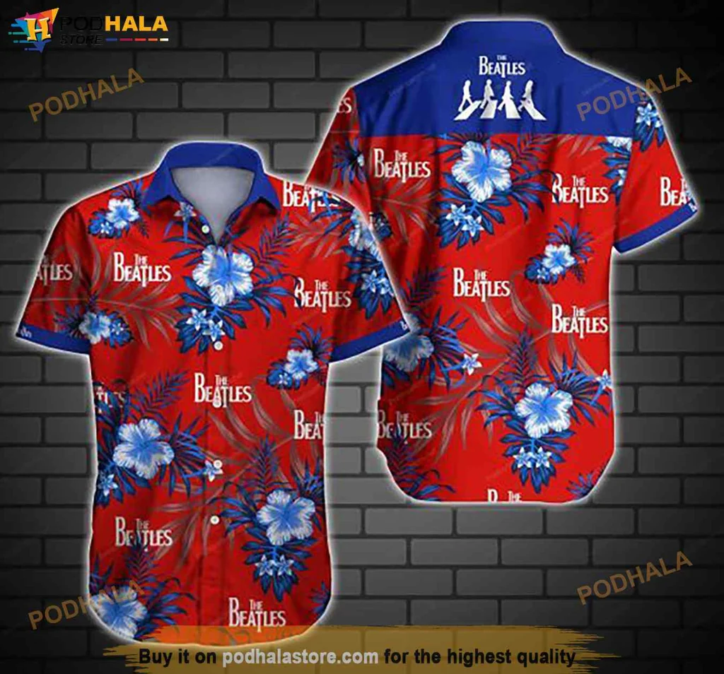 Vintage Beatles Floral Hawaiian Shirt, Red Tropical Design With Band Silhouette