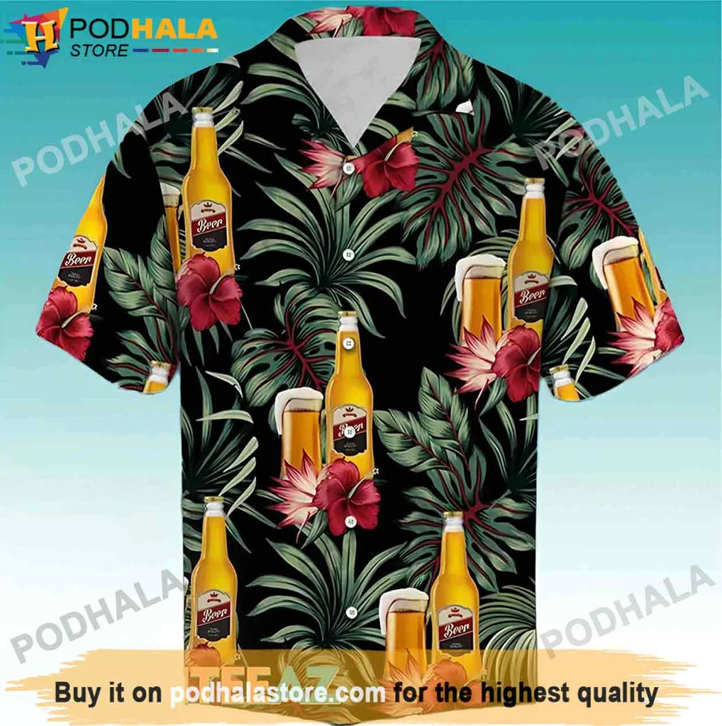 Vintage Beer Lover Hawaiian Shirt, Tropical Design With Palm Leaves And Hibiscus Flowers