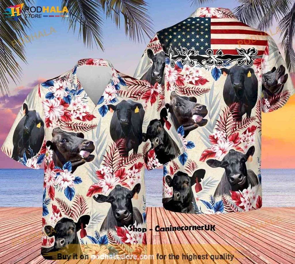 Vintage Black Angus Aloha Shirt, Patriotic Cow Design For 4th Of July Celebrations