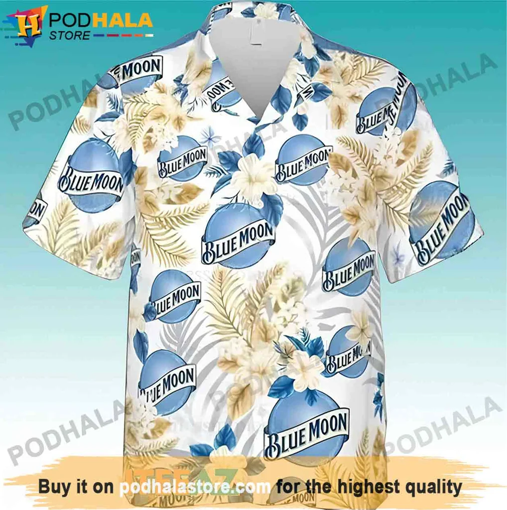 Vintage Blue Moon Beer Aloha Shirt, Floral Tropical Design For Beer Lovers