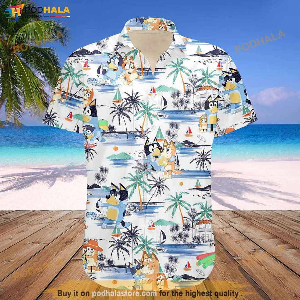 Vintage Bluey Dog Hawaiian Shirt, Vibrant Tropical Design With Cartoon Dogs