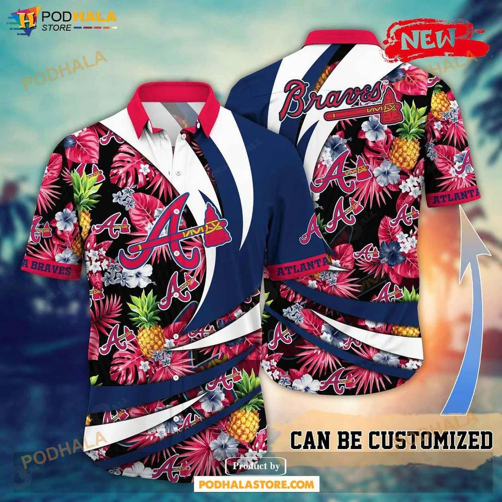 Vintage Braves Aloha Shirt, Personalized Summer Baseball Shirt With Floral Design