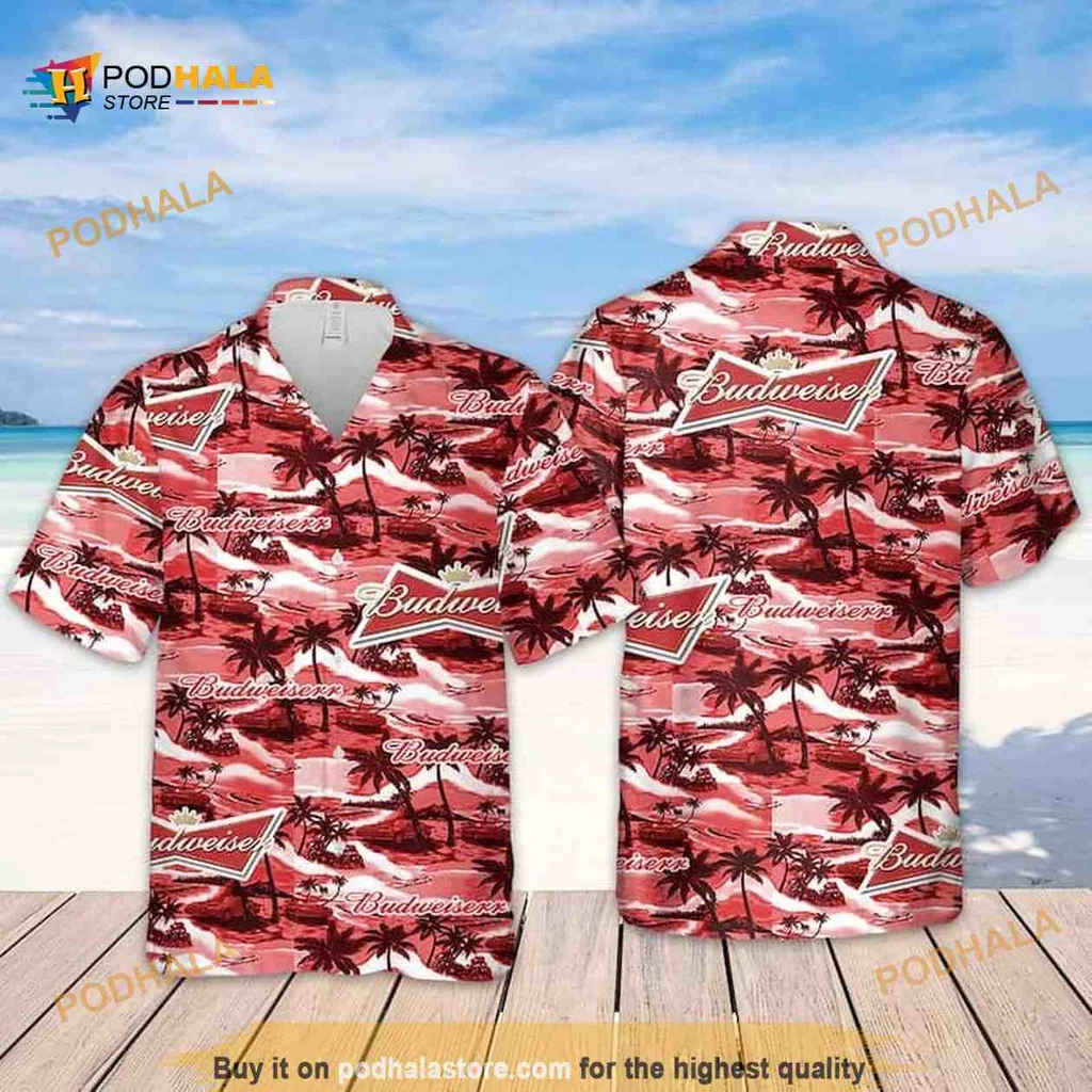 Vintage Budweiser Hawaiian Shirt With Tropical Palm Tree Pattern