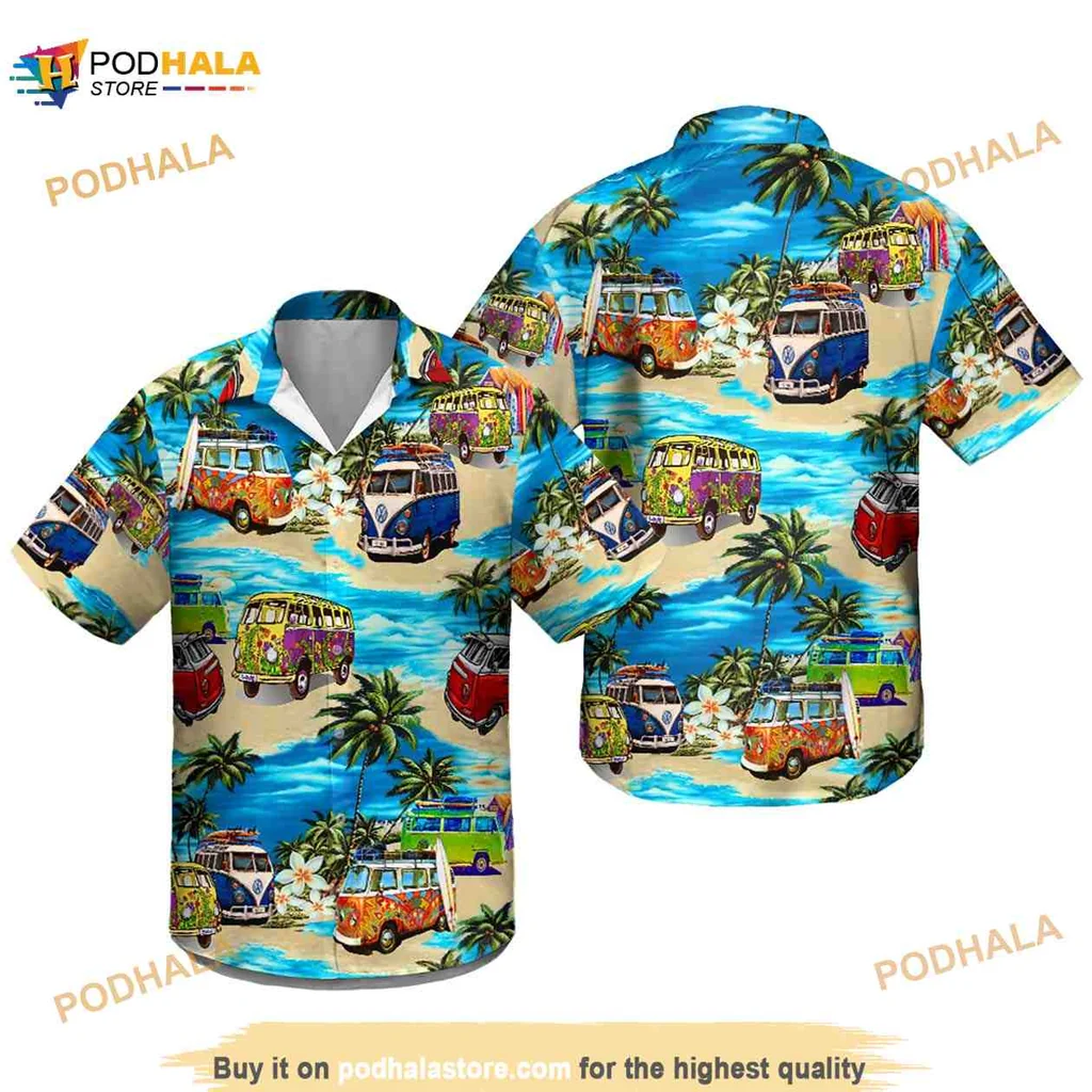 Vintage Bus Tropical Hawaiian Shirt With Colorful Beach Scene