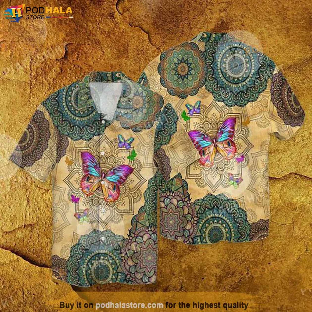 Vintage Butterfly Mandala Hawaiian Shirt, Colorful Bohemian Design For Festivals