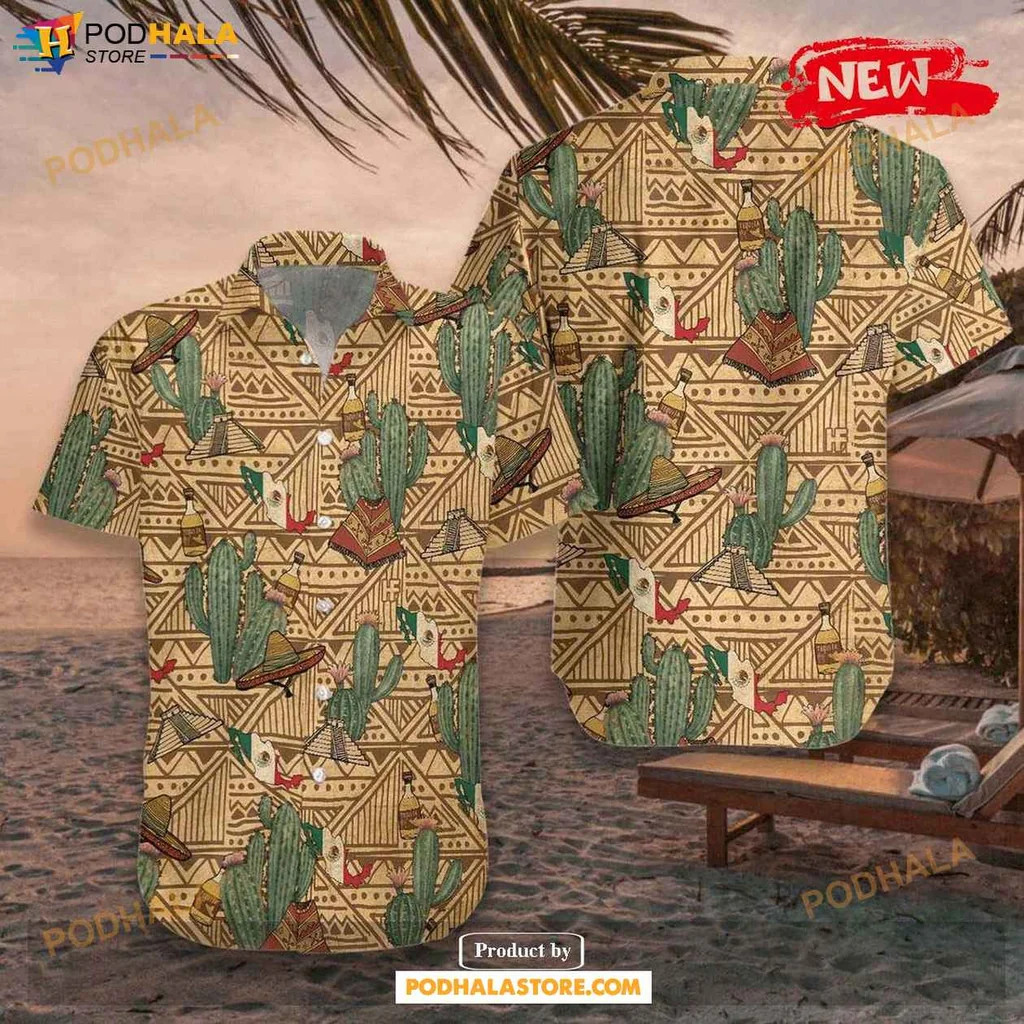 Vintage Cactus Hawaiian Shirt, Earthy Tones With Tropical Geometric Design