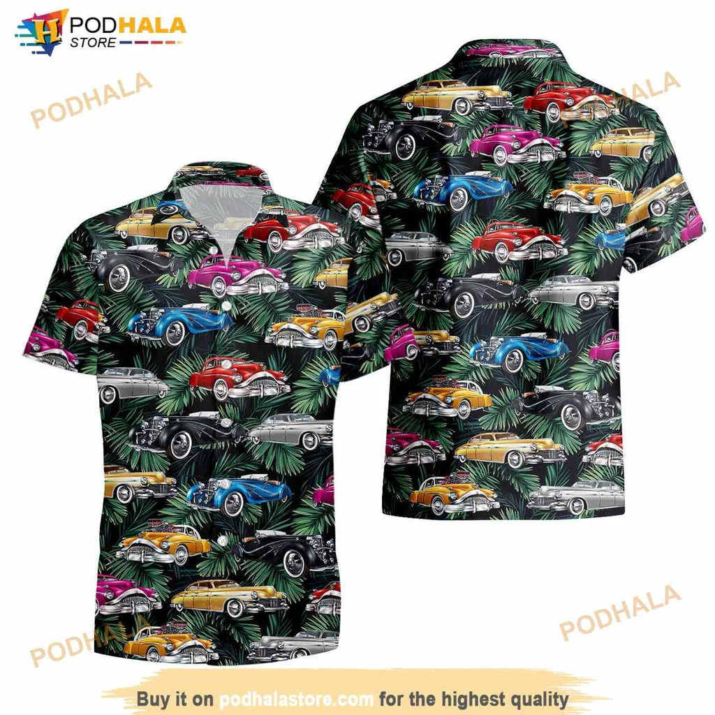 Vintage Car Hawaiian Shirt Featuring Classic Cars And Tropical Leaves