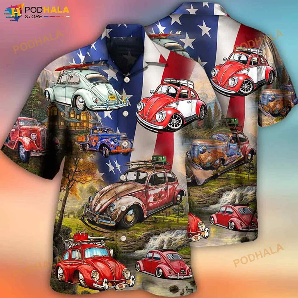 Vintage Car Patriotic Hawaiian Shirt With American Flag Design