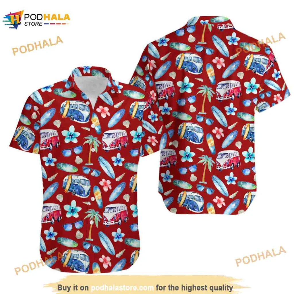 Vintage Car Tropical Hawaiian Shirt With Surfboards And Palm Trees