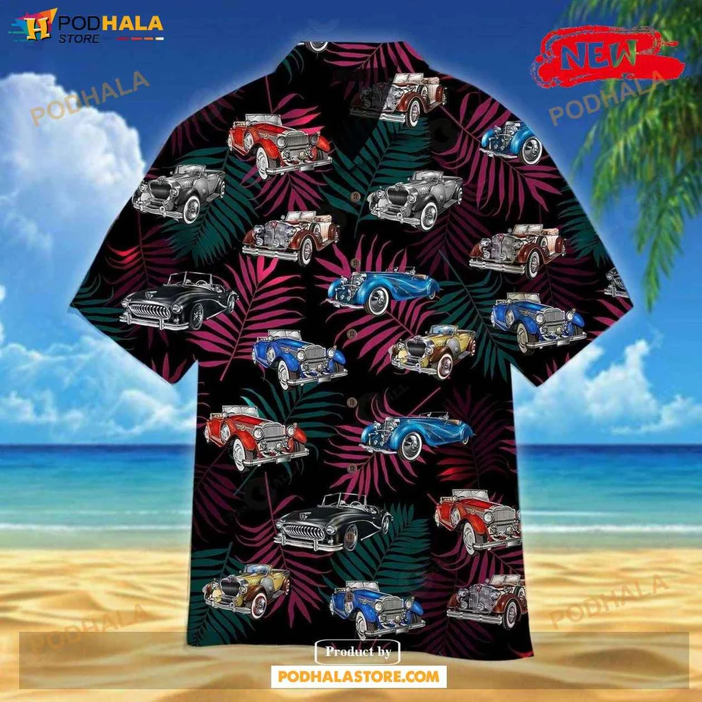 Vintage Cars Hawaiian Shirt, Vibrant Retro Design With Classic Cars And Tropical Leaves