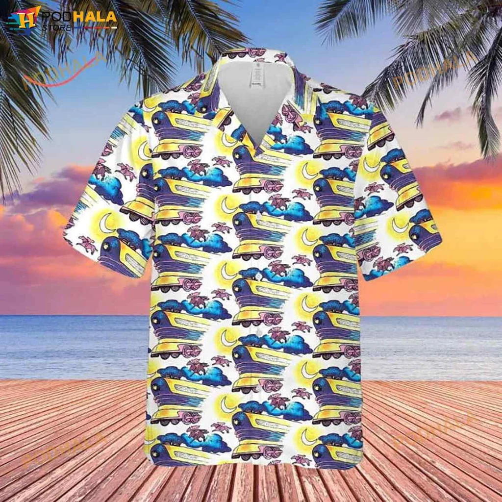 Vintage Cartoon Train Hawaiian Shirt With Colorful Clouds And Trees