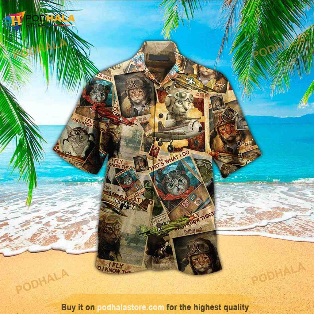 Vintage Cat Pilot Hawaiian Shirt With Playful Aviator Graphics
