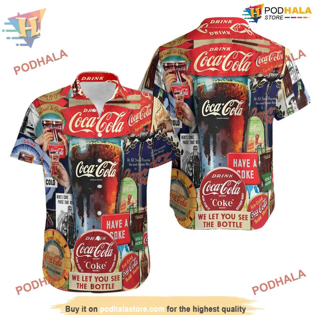 Vintage Coca Cola Hawaiian Shirt With Retro Advertisements And Logos