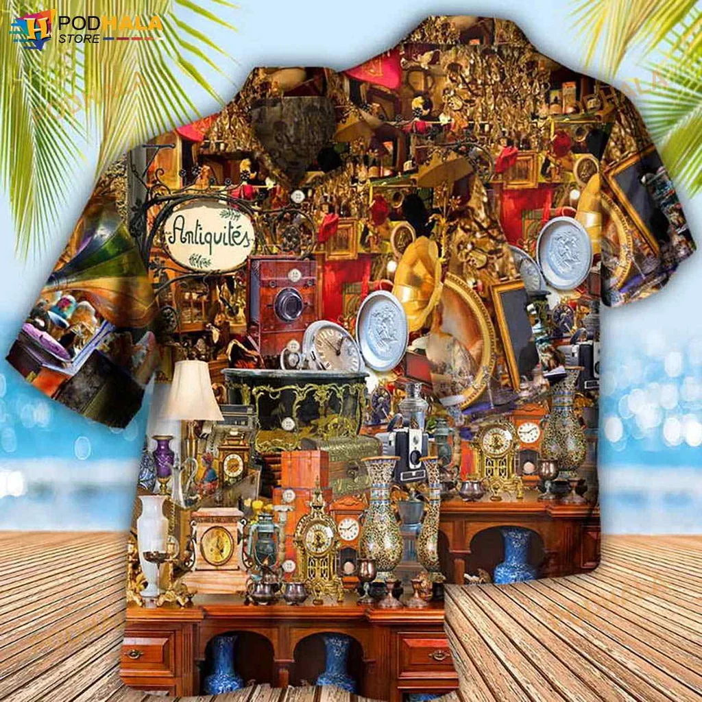 Vintage Collectibles Hawaiian Shirt With Antique Clocks And Gramophones