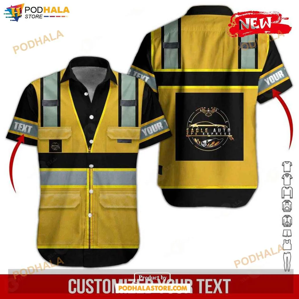 Vintage Construction Lover Hawaiian Shirt, Bright Yellow Design With Reflective Stripes