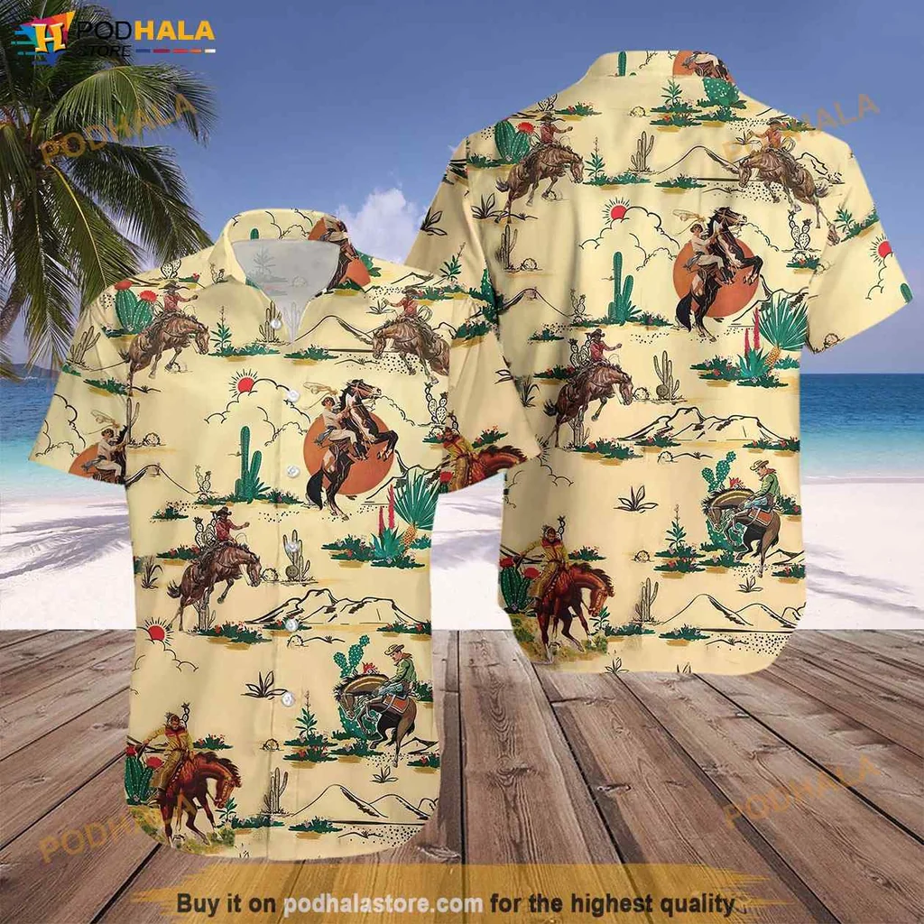 Vintage Cowboy Hawaiian Shirt, Funny Cowboy Design With Cacti And Desert Scene