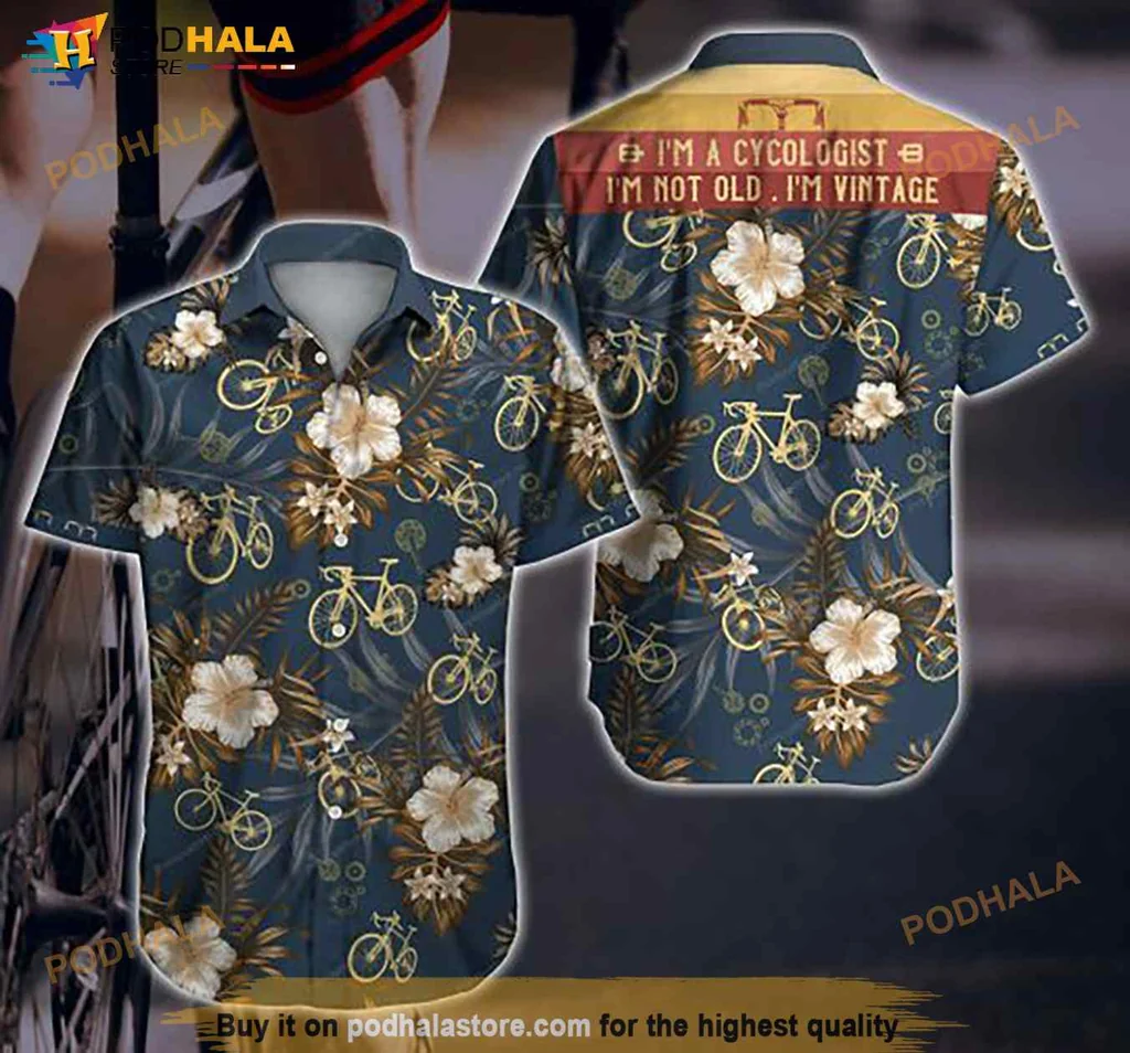 Vintage Cycling Tropical Shirt With Hibiscus Flowers And Humorous Quote