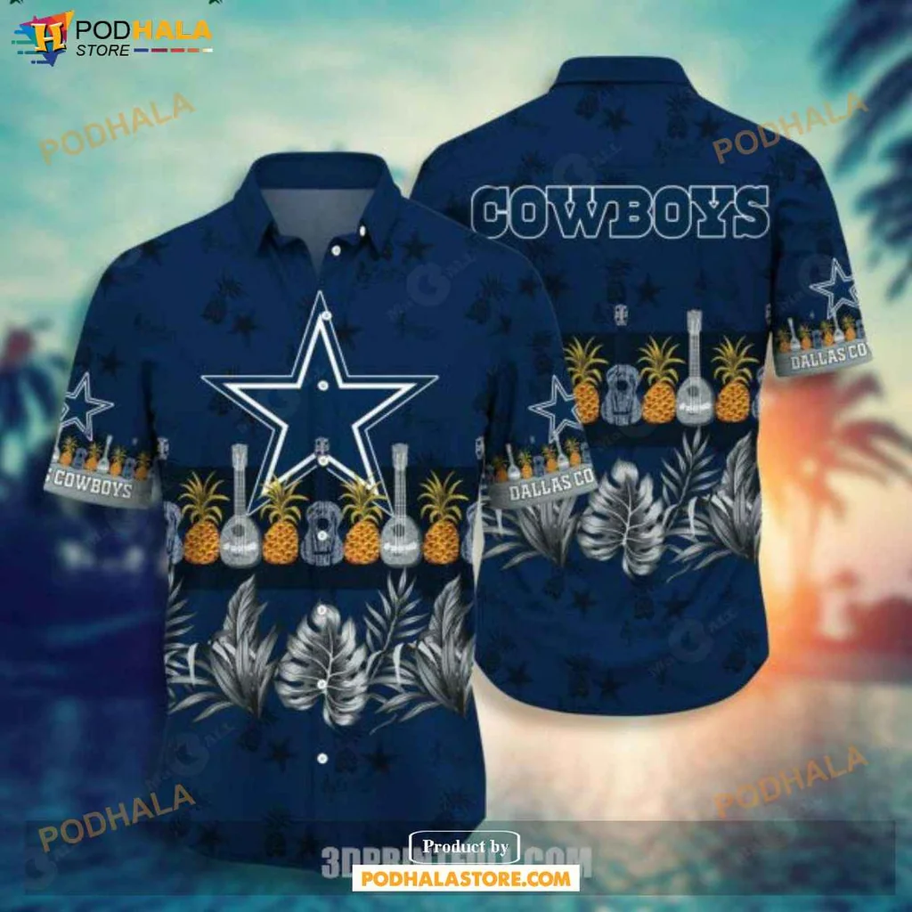 Vintage Dallas Cowboys Hawaiian Shirt, Blue Star Tropical Design With Pineapples