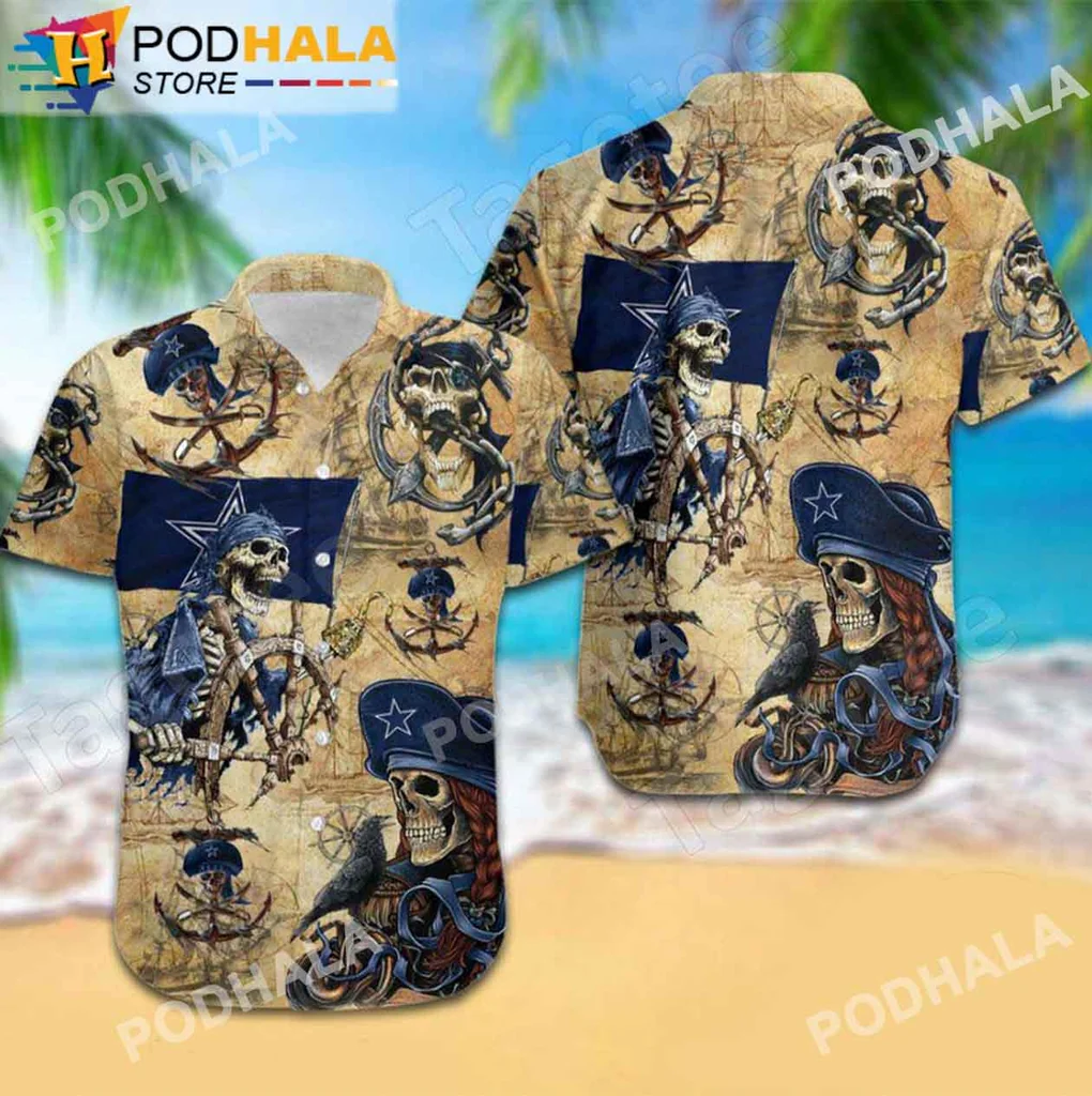 Vintage Dallas Cowboys Pirate Aloha Shirt, Bold Nautical Design With Skulls And Anchors