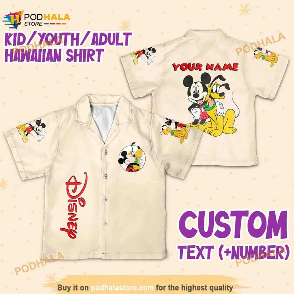 Vintage Disney Mickey And Pluto Hawaiian Shirt With Custom Name Option