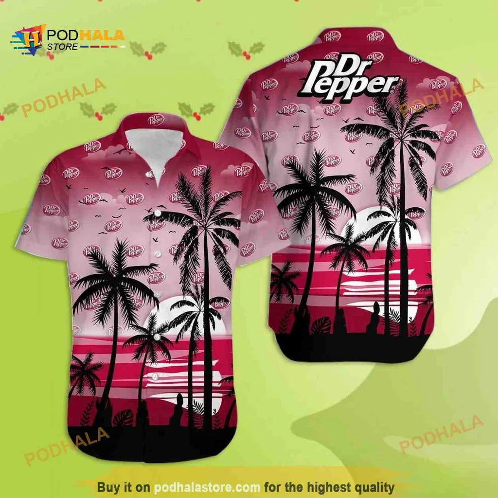 Vintage Dr Pepper Hawaiian Shirt With Tropical Sunset And Palm Trees