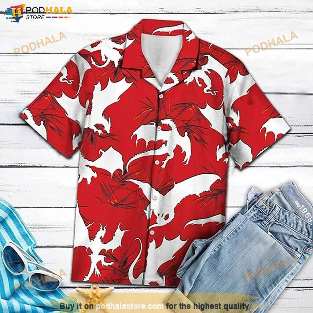 Vintage Dragon Hawaiian Shirt, Vibrant Red With White Dragon Pattern For Fantasy Lovers