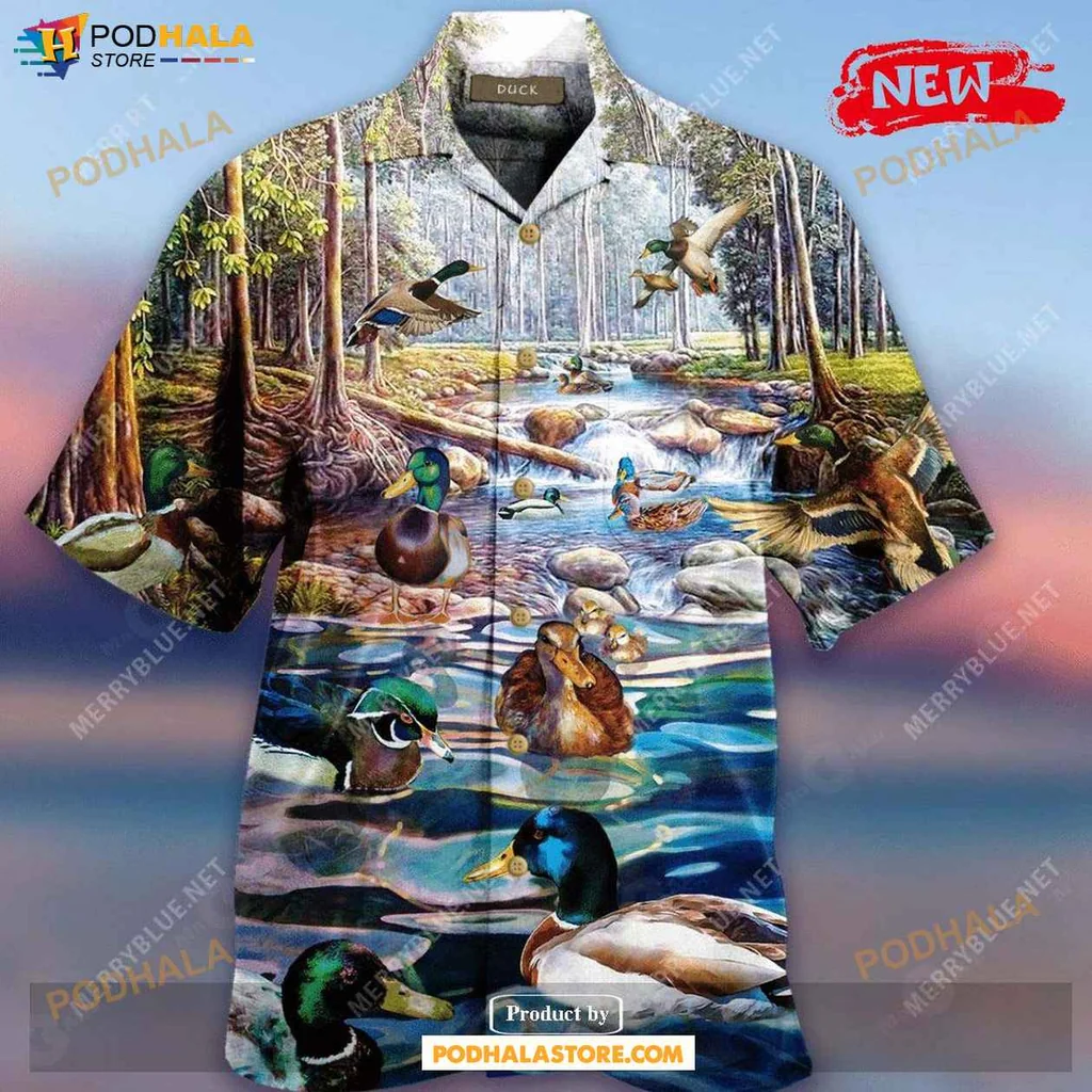 Vintage Duck Tropical Aloha Shirt, Vibrant Tropical Scene Summer Shirt For Nature Lovers