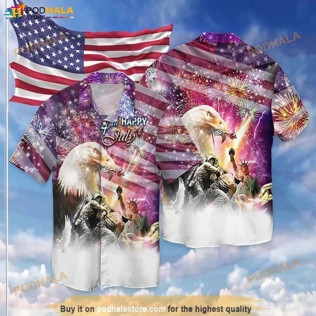 Vintage Eagle Independence Hawaiian Shirt, Happy 4th July God Bless America Design