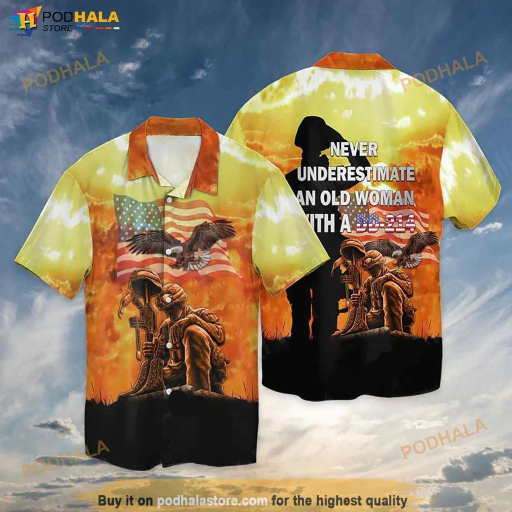 Vintage Eagle Military Hawaiian Shirt, Never Underestimate An Old Woman With A Dd