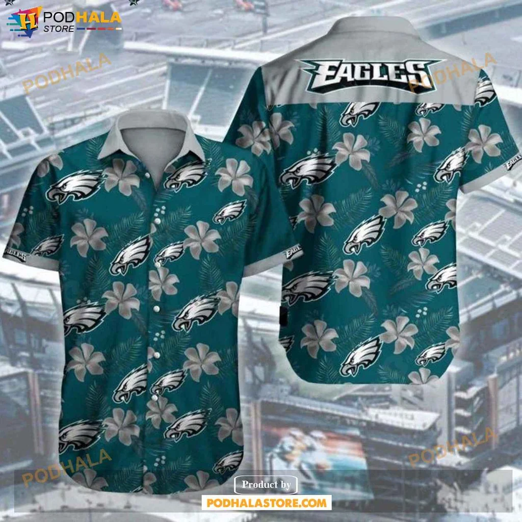 Vintage Eagles Fan Hawaiian Shirt, Philadelphia Eagles Hibiscus Print With Tropical Leaves