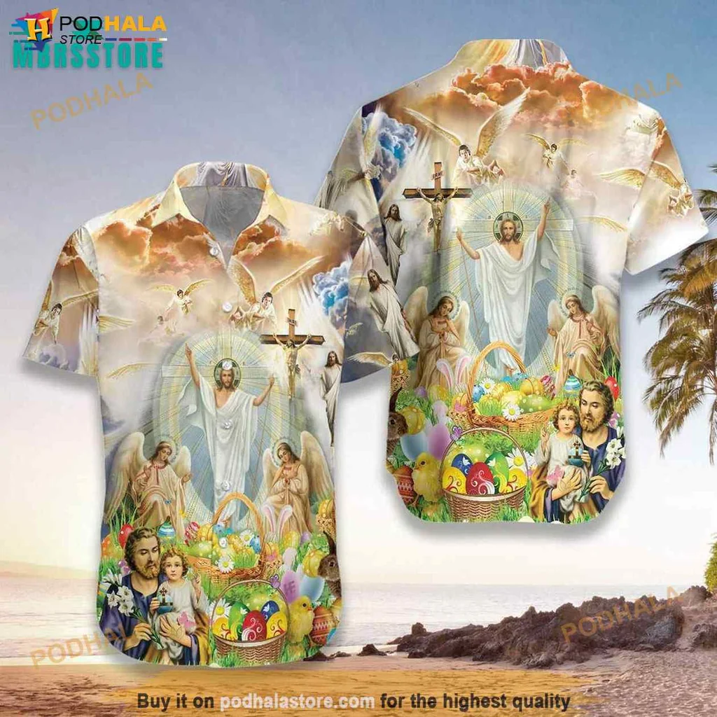 Vintage Easter Scene Hawaiian Shirt, Jesus Colorful Eggs Beachy Design