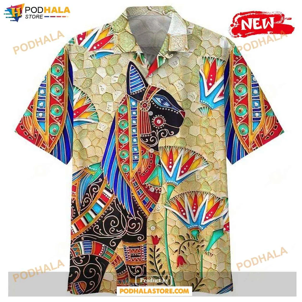 Vintage Egyptian Cat Aloha Shirt, Colorful Casual Shirt For Men And Women