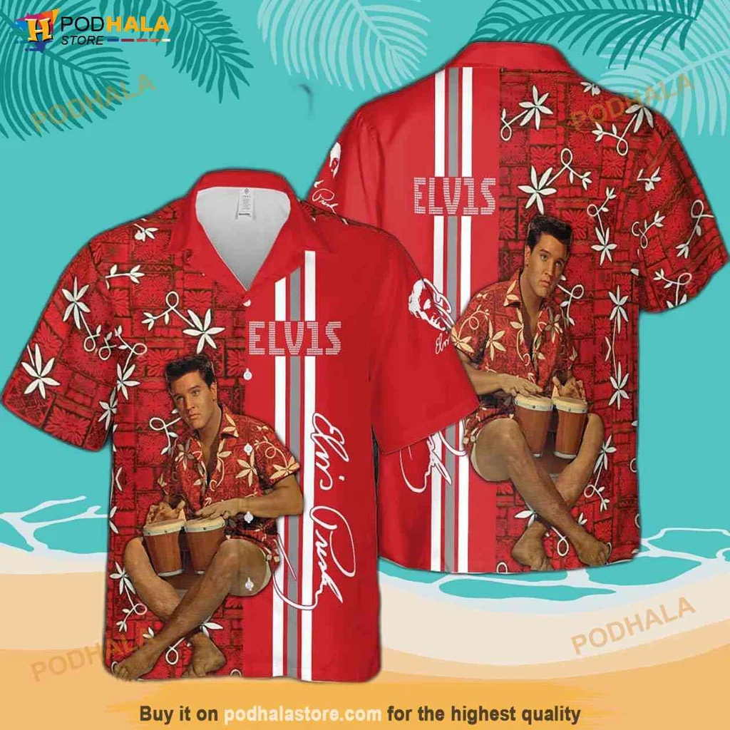 Vintage Elvis Presley Hawaiian Shirt, Vibrant Red With Drum Graphic And Bold Stripes