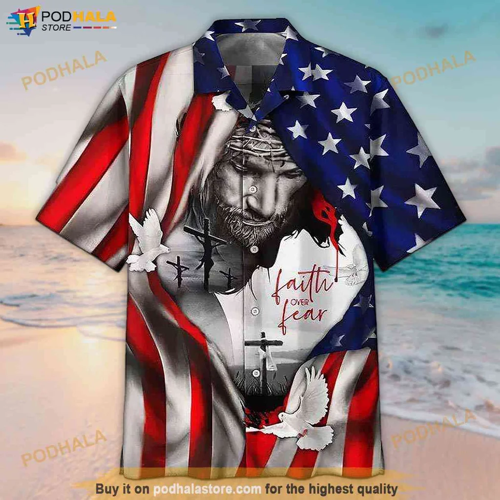 Vintage Faith Over Fear Aloha Shirt, Jesus With American Flag Design